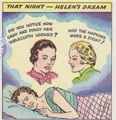 Vintage comic-style panel titled 'That Night — Helen's Dream' showing two figures critiquing a woman's tablecloth and napkins while she sleeps